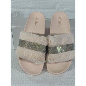 Womens Faux Fur Pink Slippers Size 9 NWT Rhinestones Rubber Sole Slides